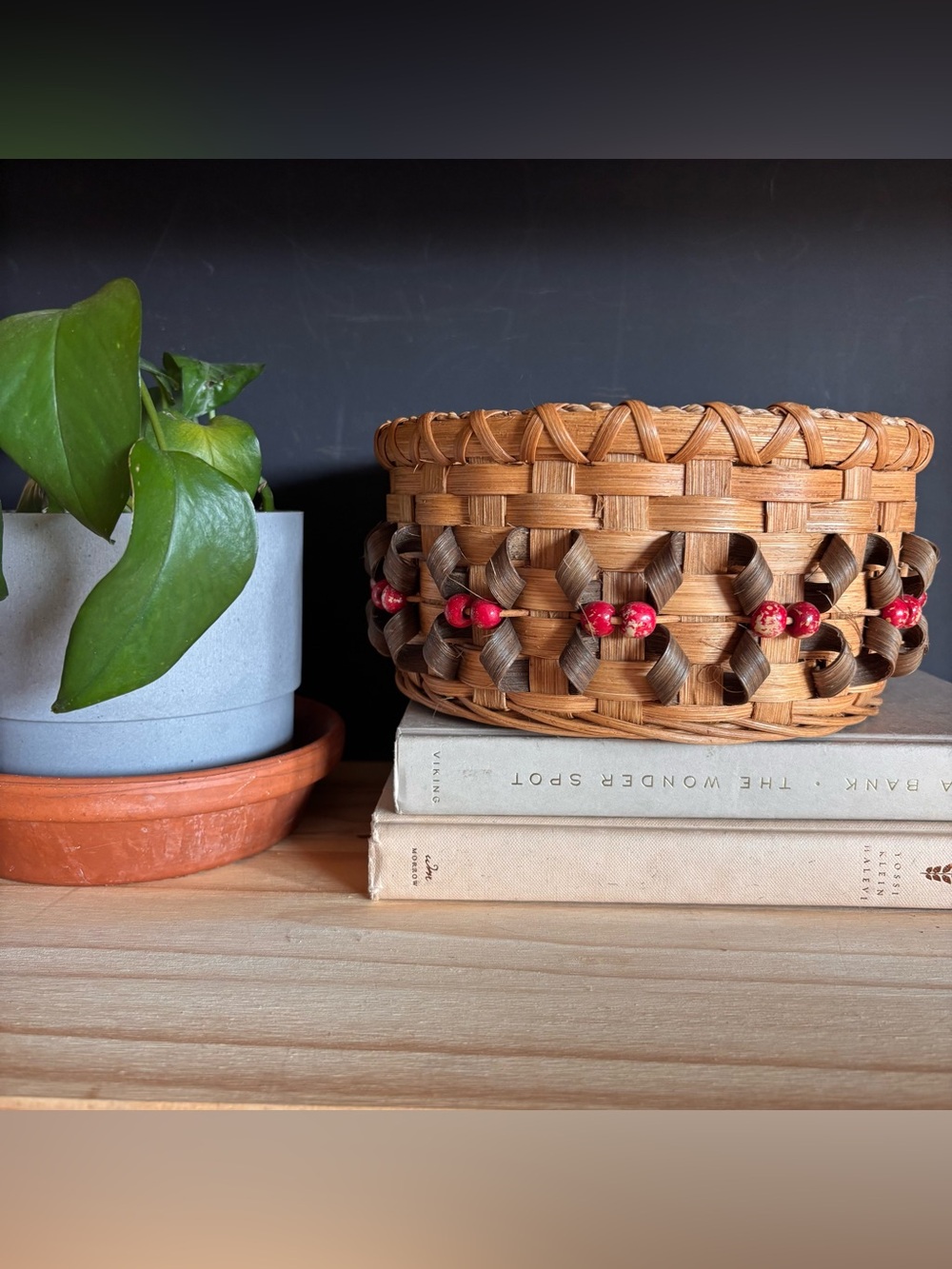 Vintage Brown Woven Basket with Red Bead Detail